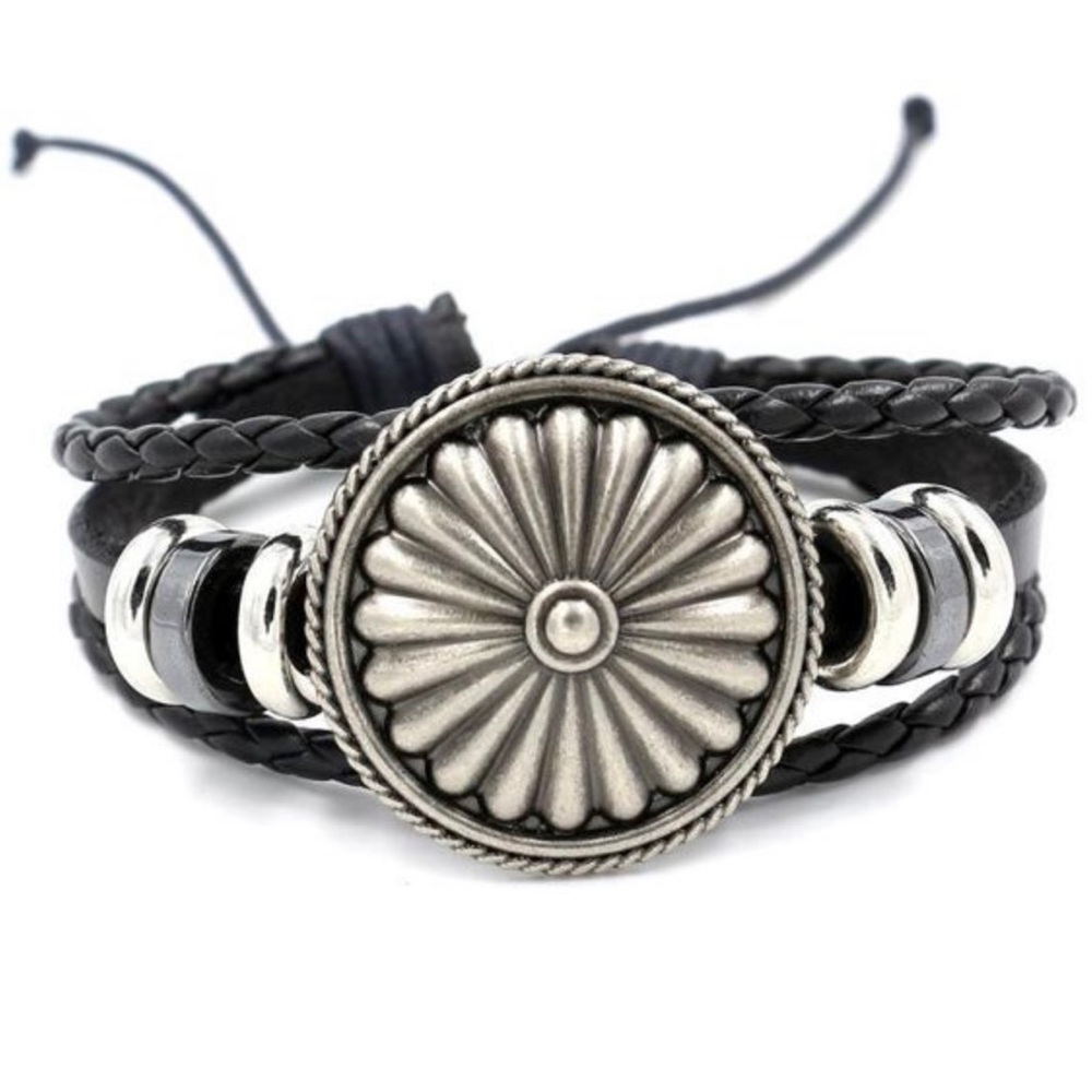 Silver Floral Bloom Beaded Braided Black Genuine Leather Pull String Bracelet! - Picture 1 of 3